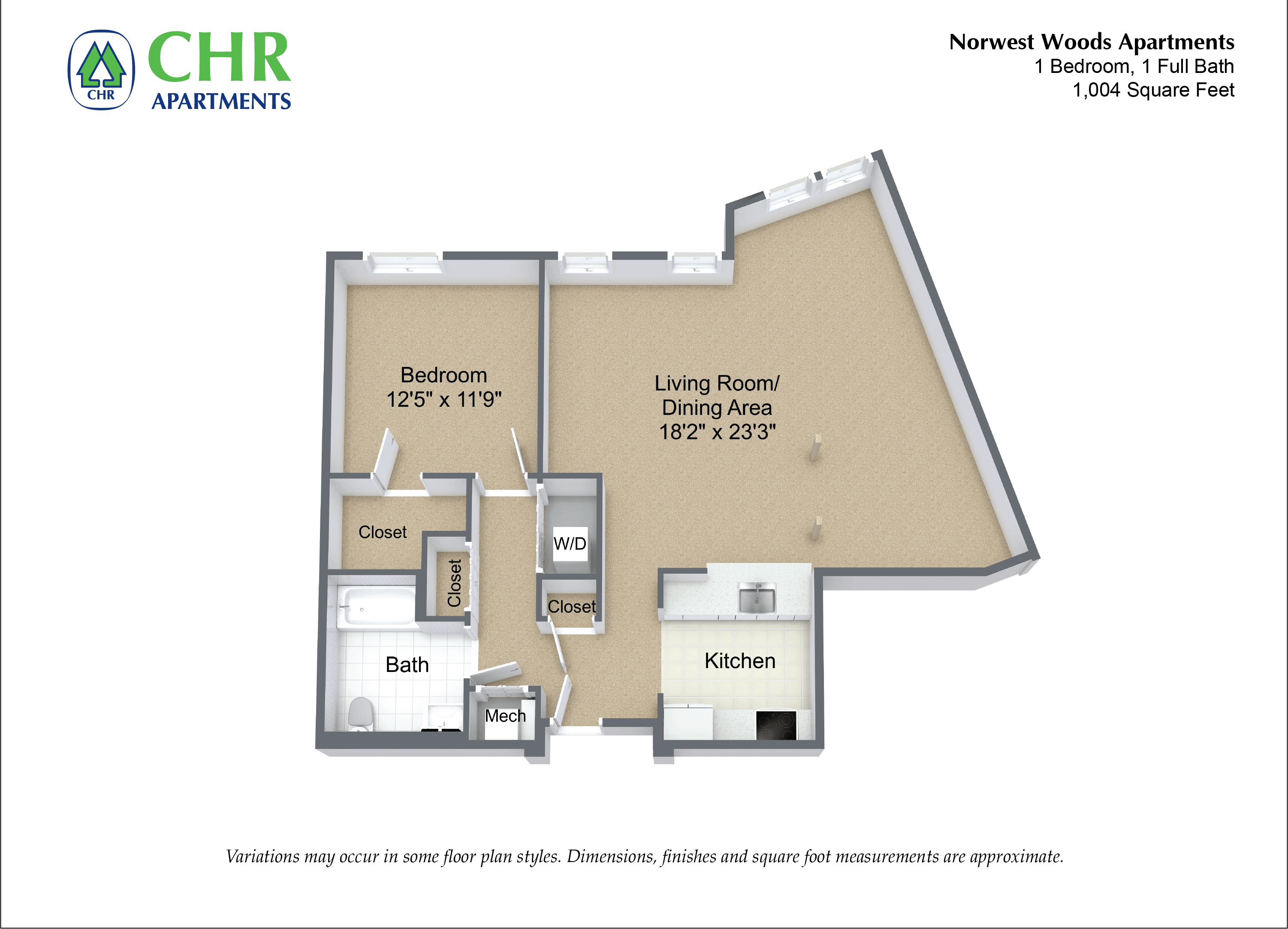 Floor plan for 1 bed, 1 bath, 813 sqft